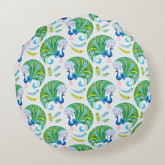 Peacock and Feathers Pattern Round Cushion (Back)