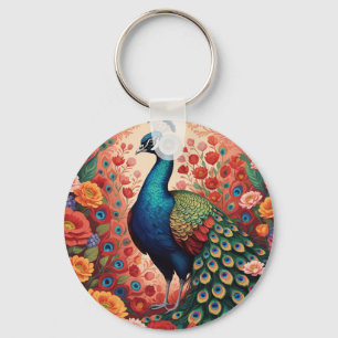 Peacock and flowers key ring