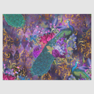 Peacock and Flowers on Purple Decoupage Tissue Paper