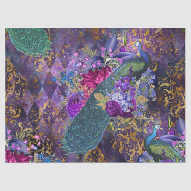 Peacock and Flowers on Purple Decoupage Tissue Paper (Front)