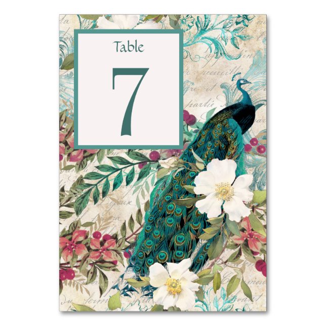 Peacock and Flowers Teal Wedding Reception Table Number (Front)
