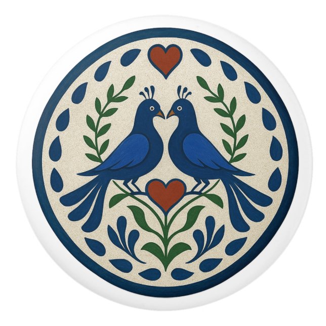 Peacock and Heart Pennsylvania Dutch Hex Sign Knob (Front)