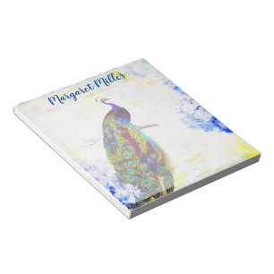 Peacock and hydrangea personalised notepad