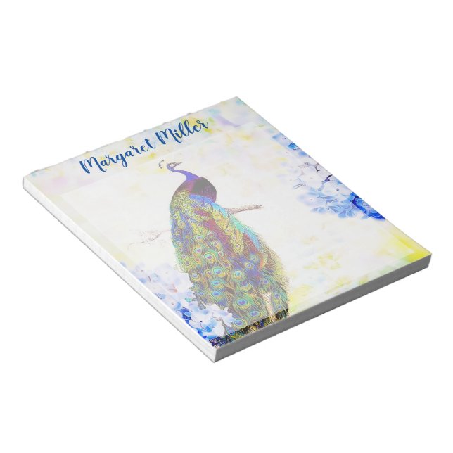 Peacock and hydrangea personalised notepad (Angled)