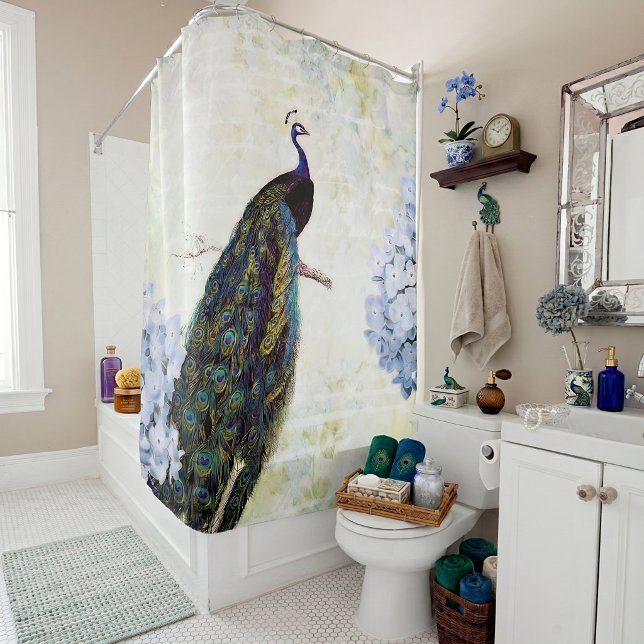 Peacock and hydrangea shower curtain (Creator Uploaded)