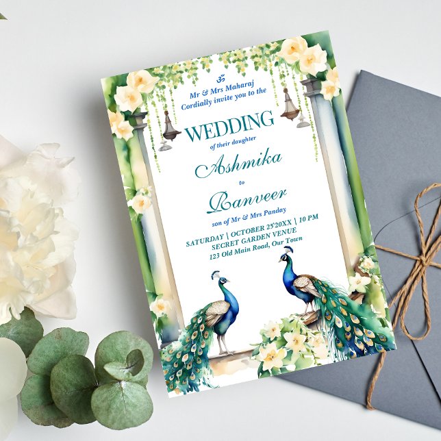 Peacock and jasmine Indian wedding template (Indian wedding peacock jasmine garden template invitation instant digital download gajra lamps )