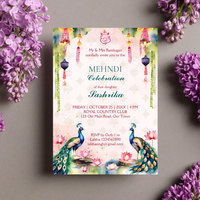 Peacock and lotus watercolor Indian wedding mehndi Invitation (Peacocks and lotus Indian wedding mehndi invitation editable template instant digital download)