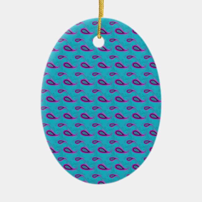 Peacock and Magenta Paisley Pattern Ceramic Tree Decoration (Front)