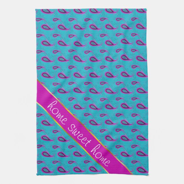 Peacock and Magenta Paisley Pattern Tea Towel (Vertical)