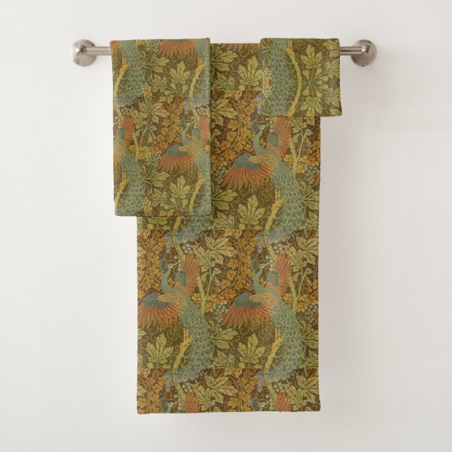 Peacock and oakleaf floral Victorian jacquard Bath Towel Set (Insitu)