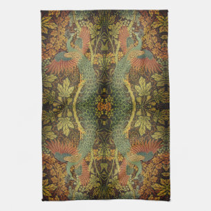 Peacock and oakleaf floral Victorian jacquard Tea Towel
