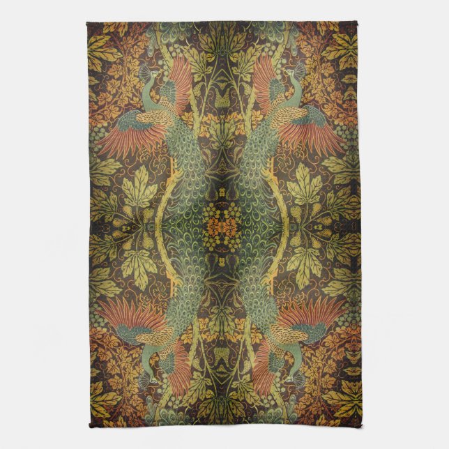 Peacock and oakleaf floral Victorian jacquard Tea Towel (Vertical)