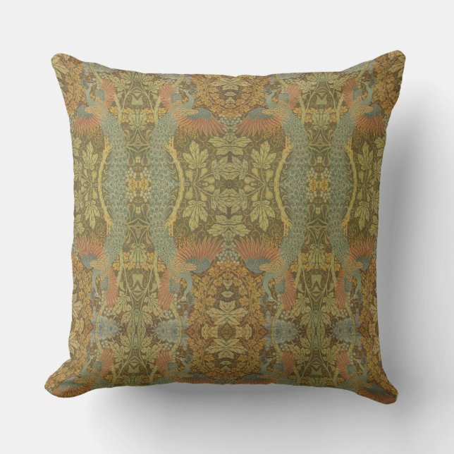 Peacock and oakleaf floral Victorian jacquard Thro Cushion (Front)
