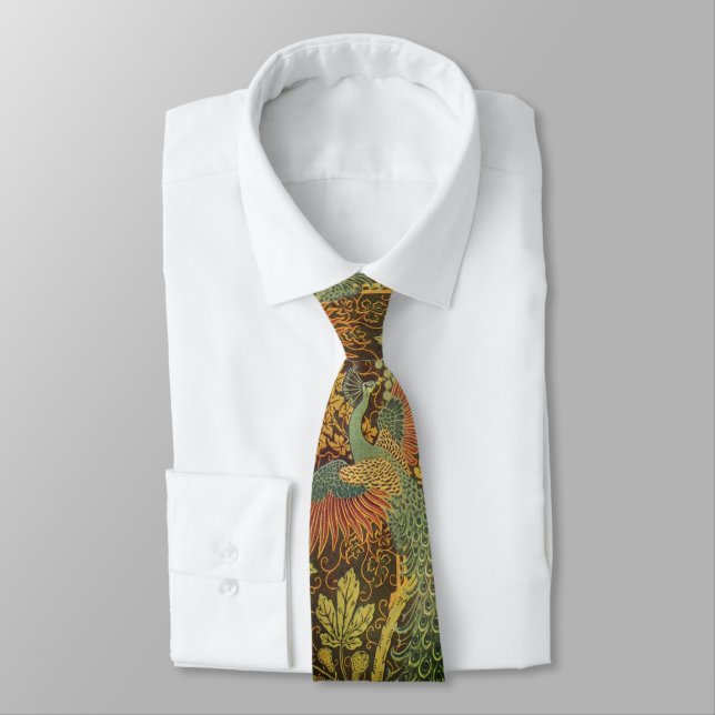 Peacock and oakleaf floral Victorian jacquard Tie (Tied)