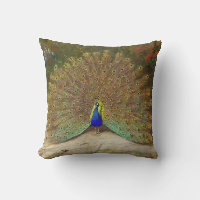 Peacock and Peacock Butterfly, Art Illustration Cushion (Front)