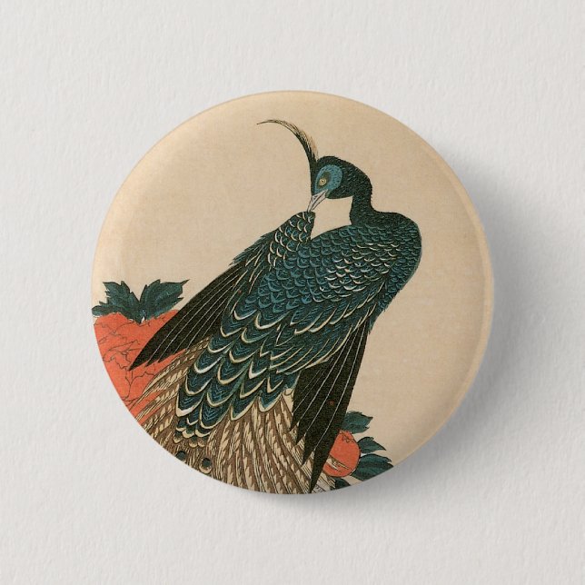 Peacock and Peonies by Hiroshige, Japanese Art 6 Cm Round Badge (Front)