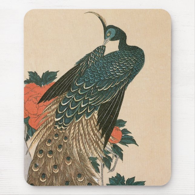 Peacock and Peonies by Hiroshige, Japanese Art Mouse Mat (Front)