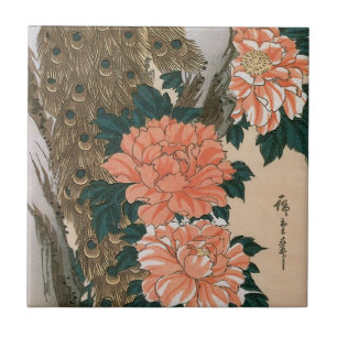 Peacock and Peonies by Hiroshige, Japanese Art Tile