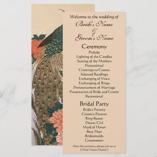 Peacock and Peonies by Hiroshige Wedding Programme (Front/Back)
