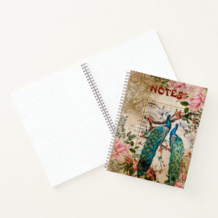 Peacock and Pink Magnolia Flower Vintage Ephemera Notebook