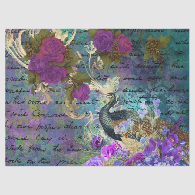 Peacock and Purple Flowers Decoupage Tissue Paper (Front)