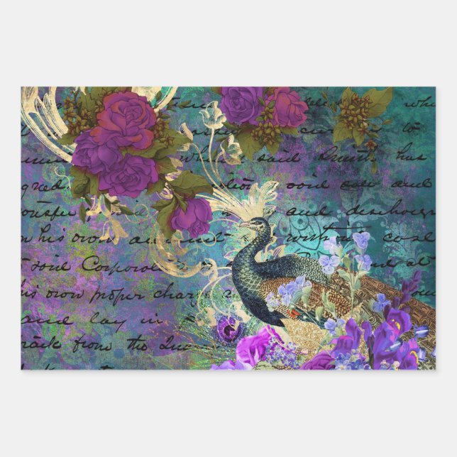 Peacock and Purple Flowers Wrapping Paper Sheet (Front)