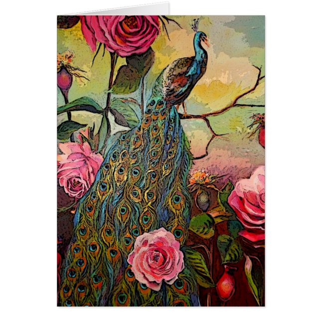 Peacock and Roses Greeting Card (Front)