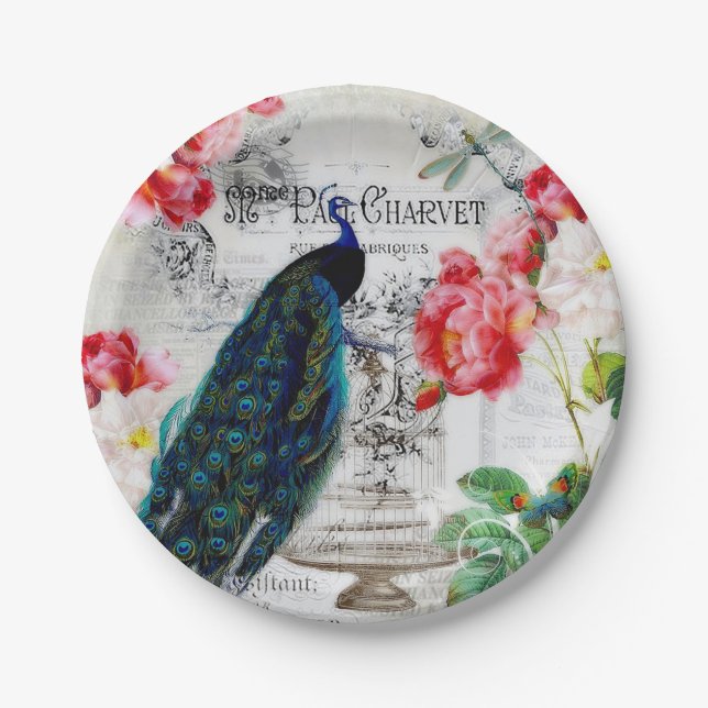 peacock and roses paper plate (Front)