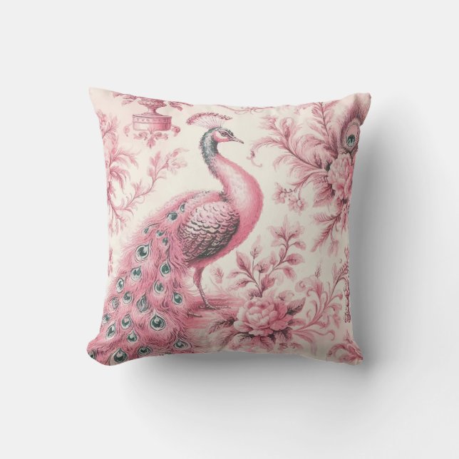 Peacock and roses pink cushion (Front)