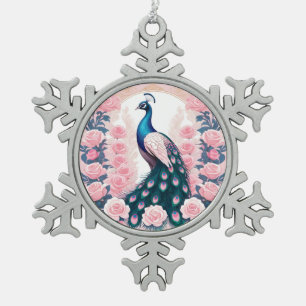 Peacock and Roses Snowflake Pewter Christmas Ornament