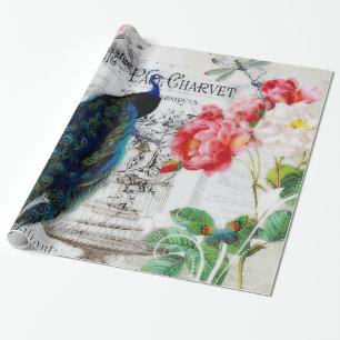 Peacock and roses wrapping paper