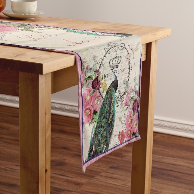 Peacock and spring flowers short table runner (In Situ)