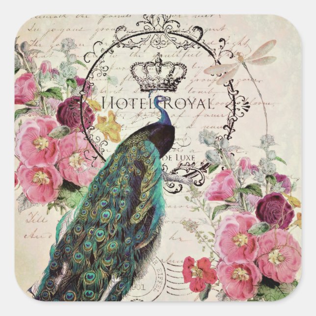 Peacock and spring flowers square sticker (Front)