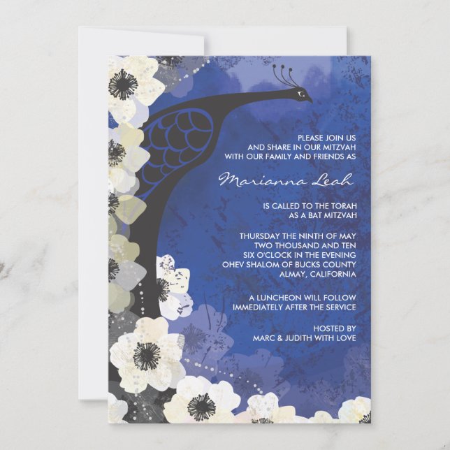 Peacock & Anemone Flowers Bat Mitzvah Invitation (Front)