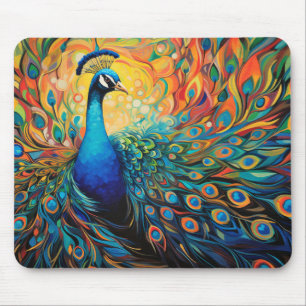 Peacock Animal Bird Portrait Colourful Painting Mouse Mat
