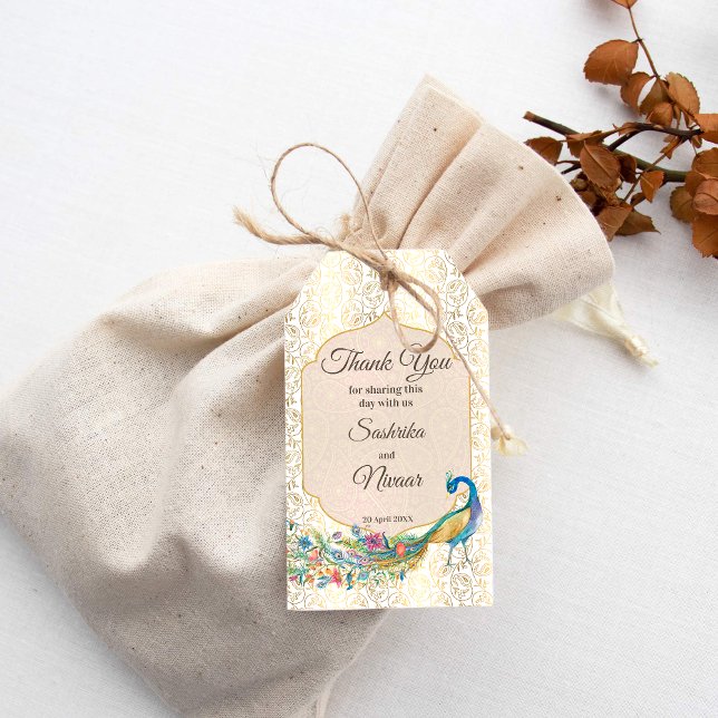 Peacock Arabian pattern Indian wedding favour gift Tags (Indian wedding peacock gold paisley favor gift tags peacock thank you tags)