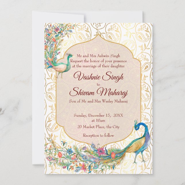 Peacock Arabian pattern Indian wedding invitation (Front)