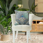 Peacock Art Deco Nouveau Slate Blue Butterfly    Cushion<br><div class="desc">DARK SLATE FRENCH BLUE BACKGROUND | Modern Art Nouveau with Deco gold line work floral and foliage in a Scallop repeat pattern that was created out of vintage botanical peacock illustration along with 2 stylised butterflies with jewels hanging down. The dark French blue background allows the peacock colours to shine!...</div>