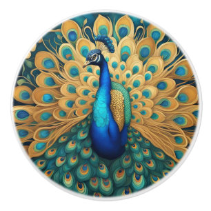 Peacock Art Nouveau Art Deco Turquoise & Gold Ceramic Knob