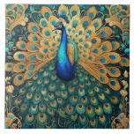 Peacock Art Nouveau Art Deco Turquoise & Gold Tile<br><div class="desc">"art nouveau peacock bird",  "art deco vintage antique",  "gold turquoise and teal",  "vibrant dark blue green",  "stylish glamourous peacocks feathers",  "classy exotic birds feather",  "beautiful animal",  "style of gustav klimt", </div>