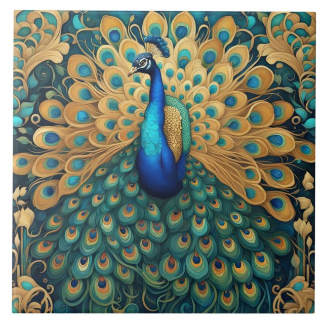 Peacock Art Nouveau Art Deco Turquoise & Gold Tile (Front)