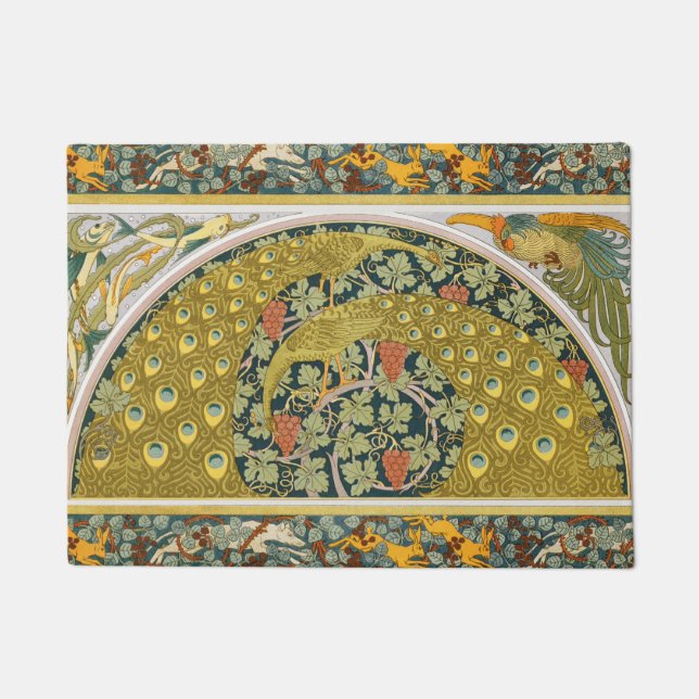 Peacock Art Nouveau Style round intricate design Doormat (Front)