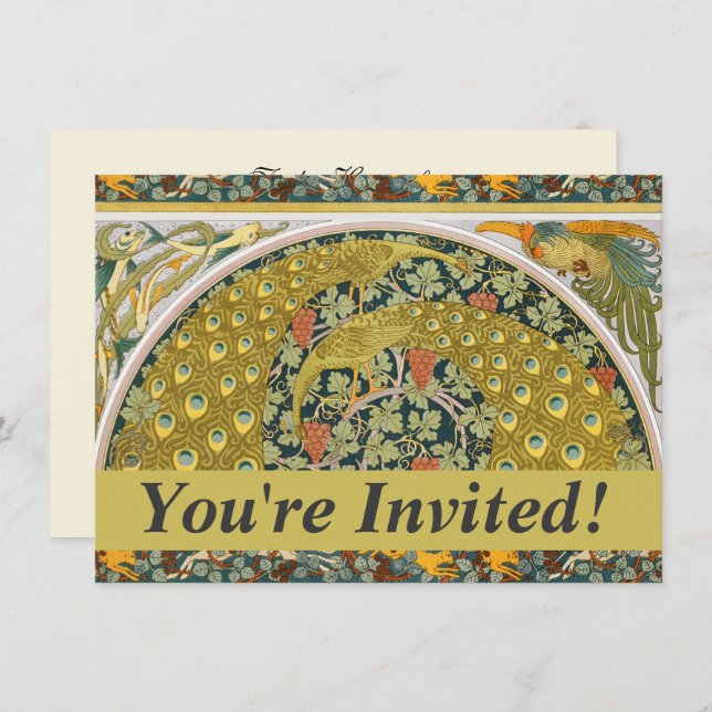 Peacock Art Nouveau Style round intricate design Invitation (Front/Back)