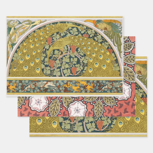 Peacock Art Nouveau Style round intricate design Wrapping Paper Sheet (Set)