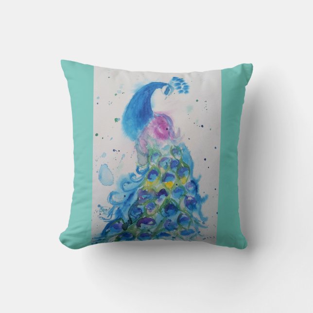 Peacock art Watercolour Painting Cushion Aqua mint (Front)