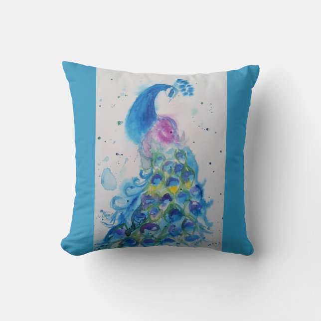 Peacock art Watercolour Painting Cushion Aqua Teal (Front)