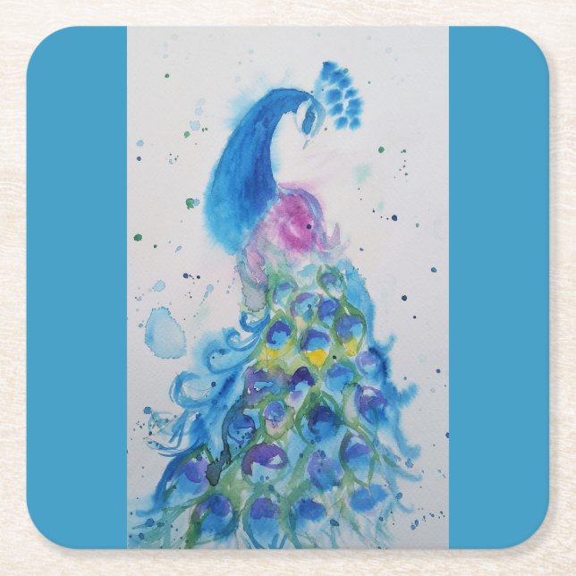 Peacock art Watercolour Painting Cushion Aqua Teal Square Paper Coaster (Front)