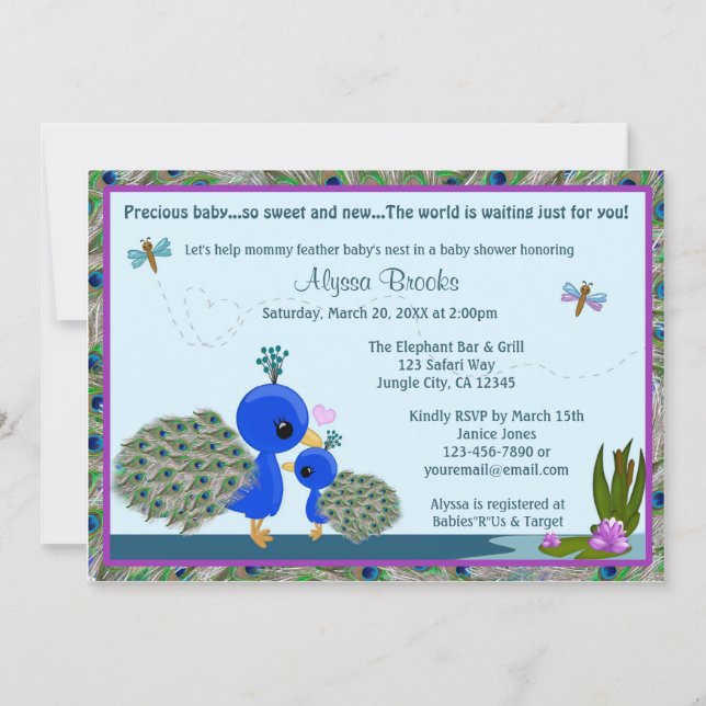 PEACOCK Baby Shower invitation girl boy mummy PBM (Front)