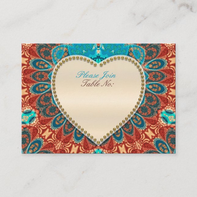 Peacock Batik Aqua Gold Wedding Table Seat Cards (Front)