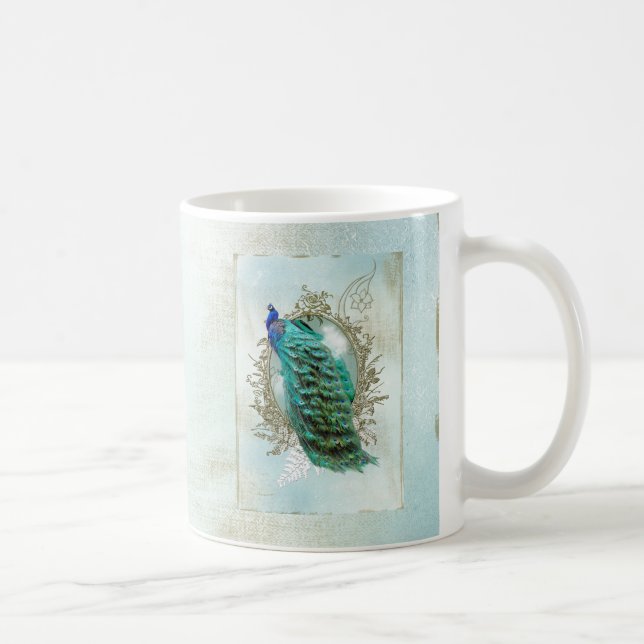 peacock beautiful turquoise vintage shabby bird coffee mug (Right)